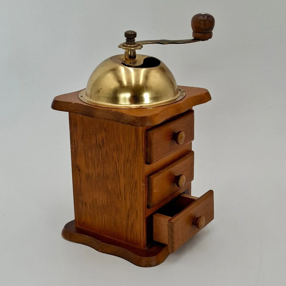 Vintage Feng Yuan Wood Coffee Grinder Manual Hand Crank Mill Brass Dome Taiwan